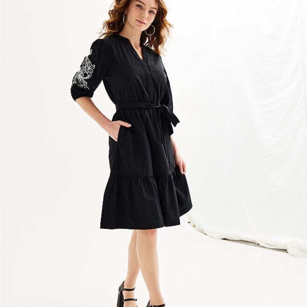 Draper James Embroidered Midi Dress Womens M Puff Sleeve Dot Dobby Weave Black